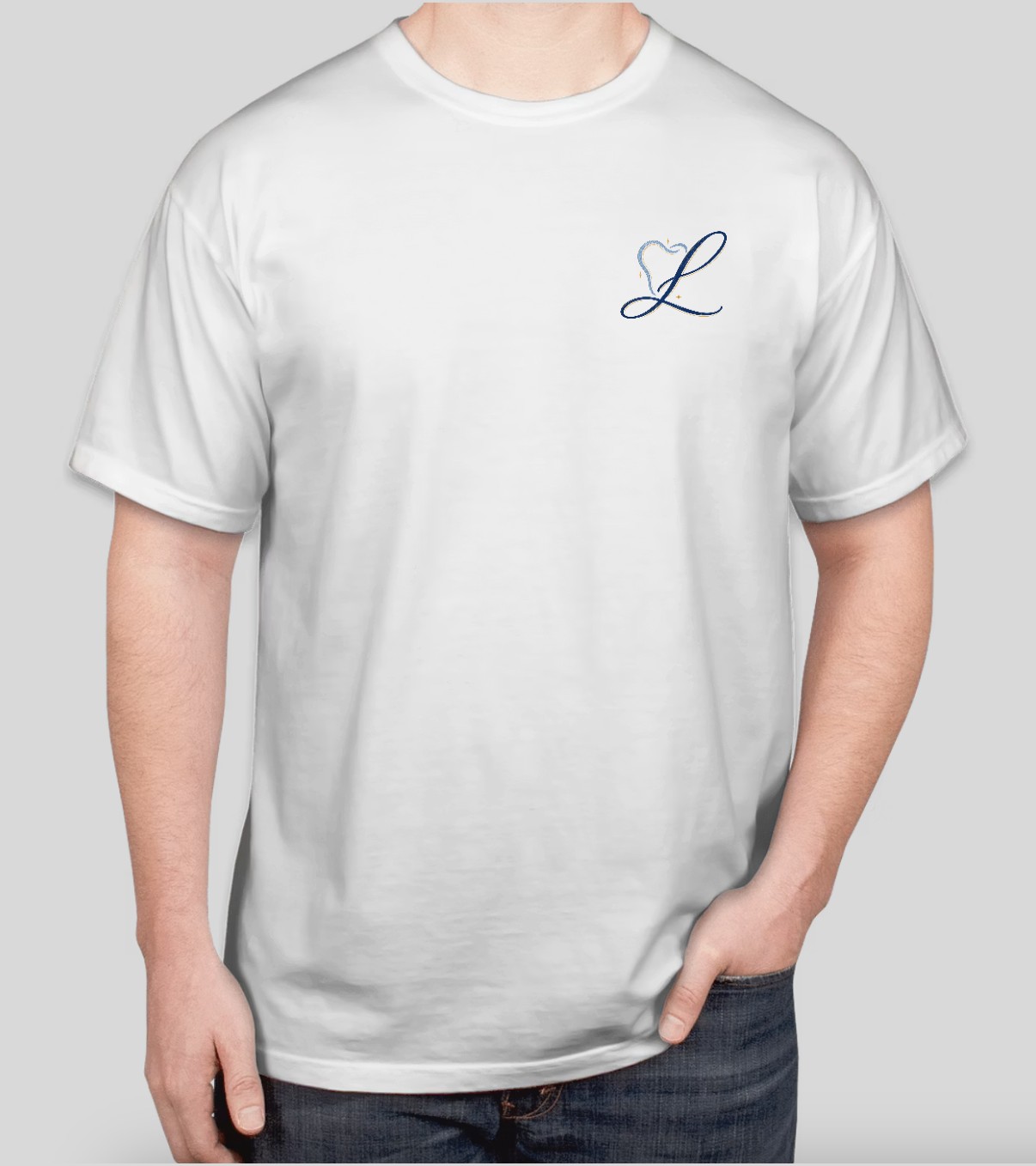 Front of white Light Up Your Smile Tee with L tooth monogram on the left chest